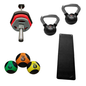 Cardio Pump Set | 15lb & 25lb pair of Rubber Encased Kettlebells | 10lb Rubber Medicine Ball | Deluxe Yoga Mat