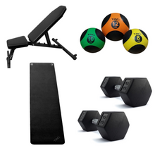 Load image into Gallery viewer, Flat-Incline Bench | 10lb &amp; 20lb pair of Rubber HEX Dumbbells | 10lb Rubber Medicine Ball | Deluxe Yoga Mat